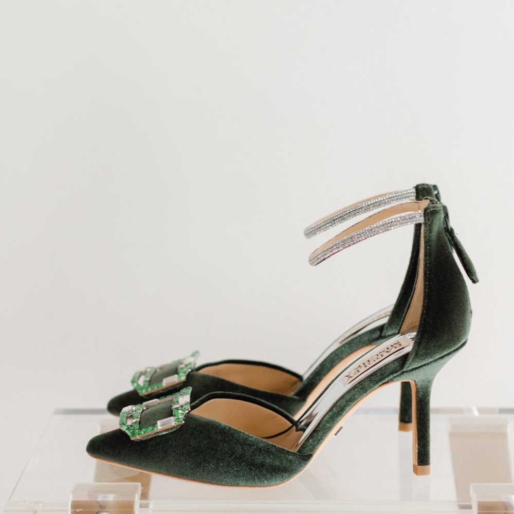 Badgley Mischka 5.5 Marlow Velvet Green Heels Emerald Ornament Stilettos - Picture 12 of 16